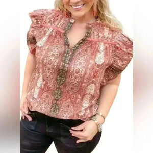 Good Hart Women's Floral With Ruff Sleeveless Shirt Size Large